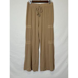 Kingston Grey Juniors' High-Rise Wide-Leg Gauzy Pants Lace Panel Inserts Size M